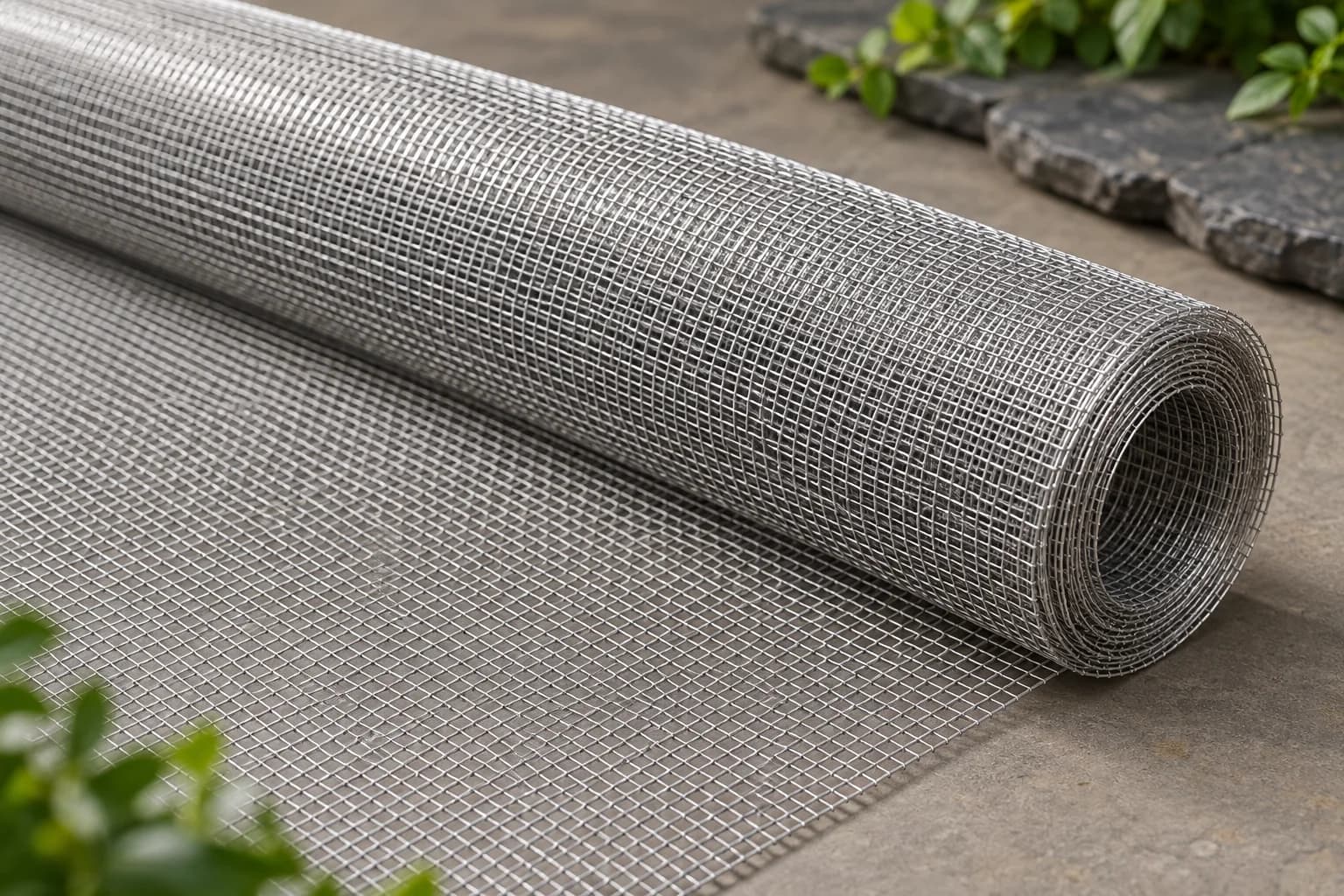 Rolled aluminium fine woven square wire mesh with lightweight silver sheen on warm grey studio floor
