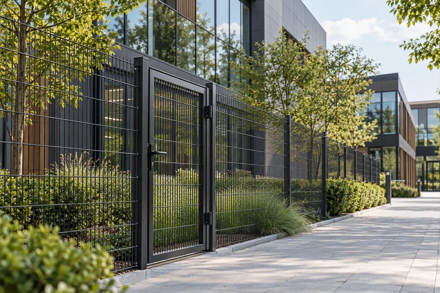Steel welded mesh boundary and gate beside modern commercial campus