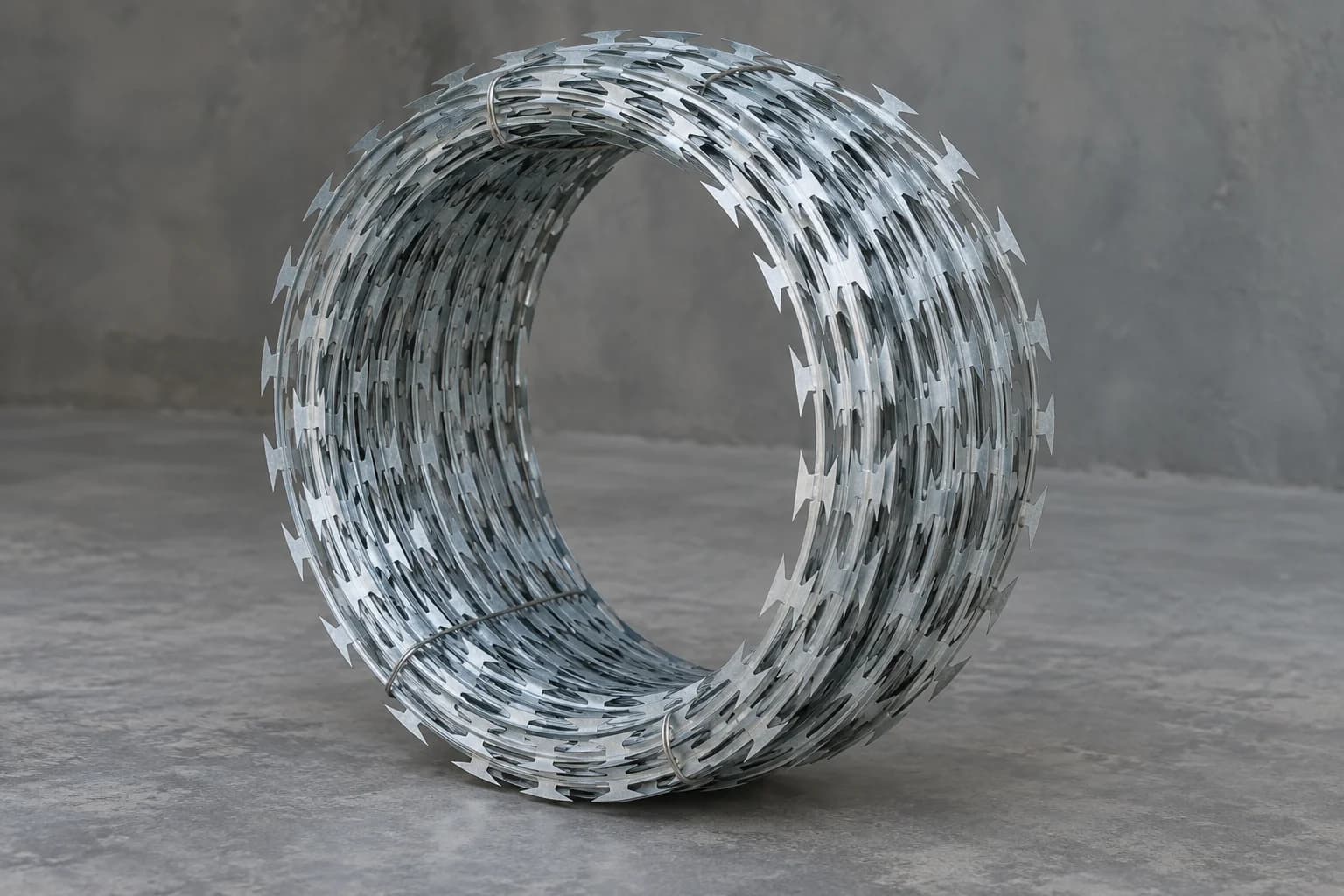 Single freestanding galvanized concertina razor wire coil on neutral grey studio floor