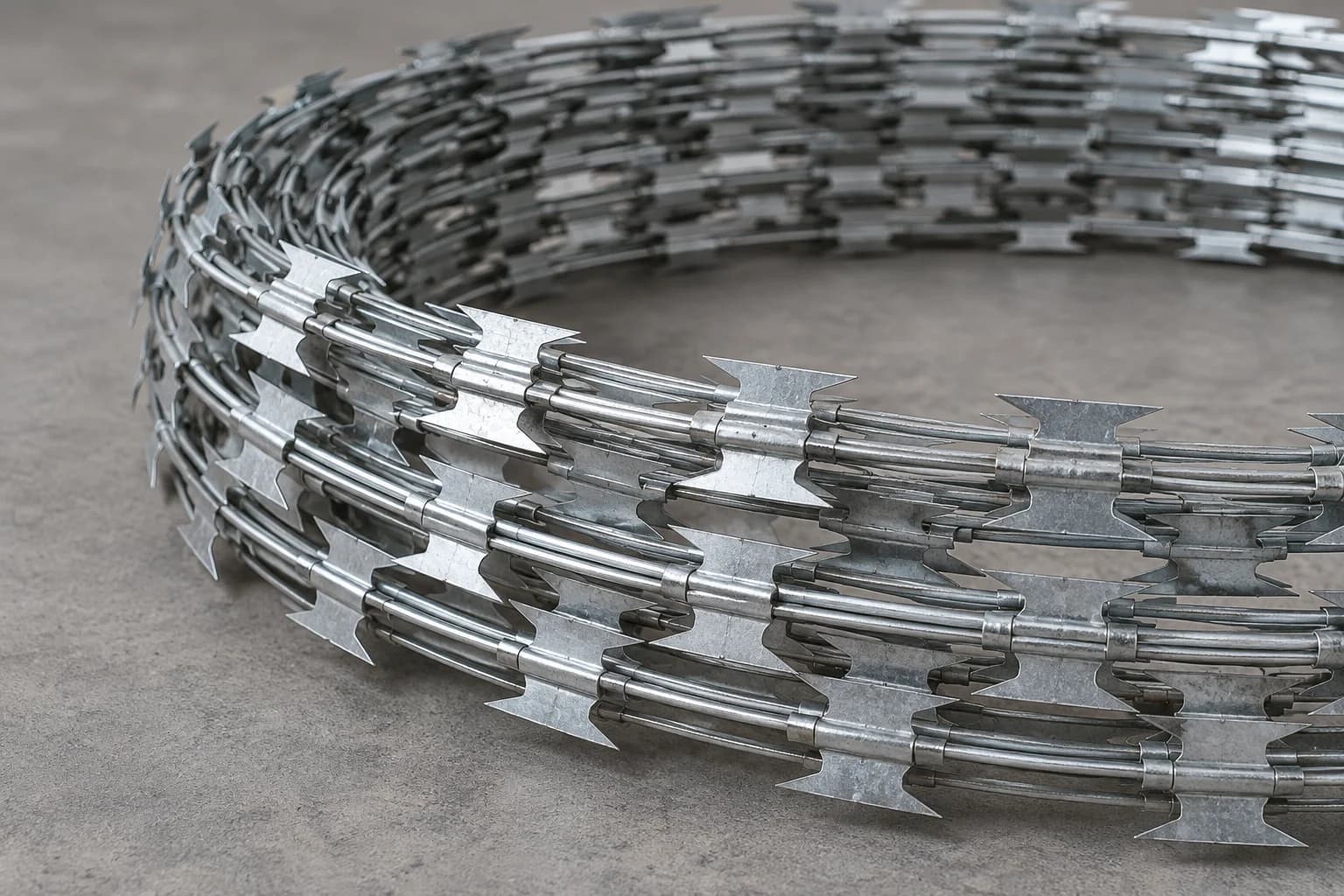 Close-up galvanized razor barbed tape coil on neutral grey studio floor