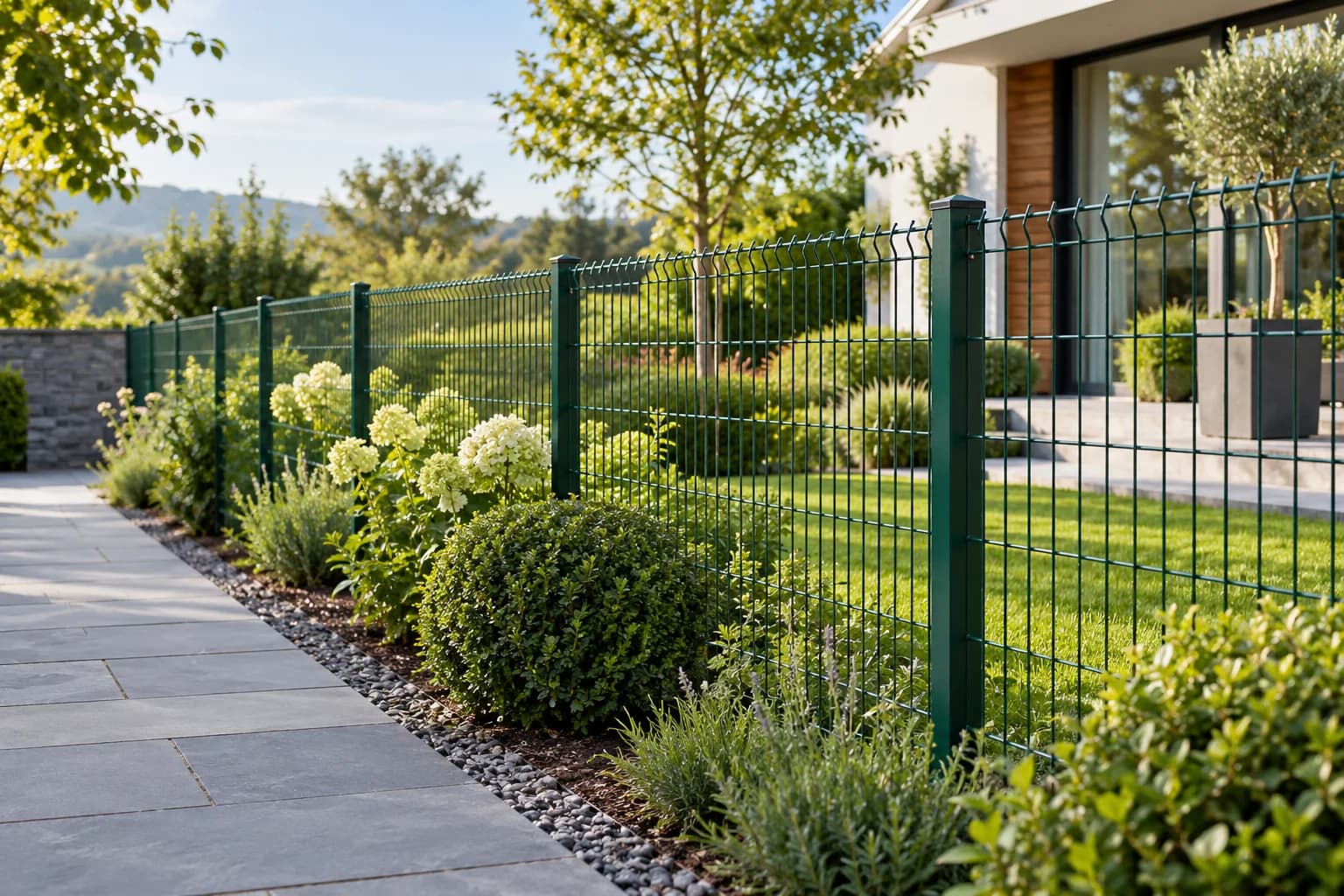 Elegant green wire mesh garden boundary at a modern home