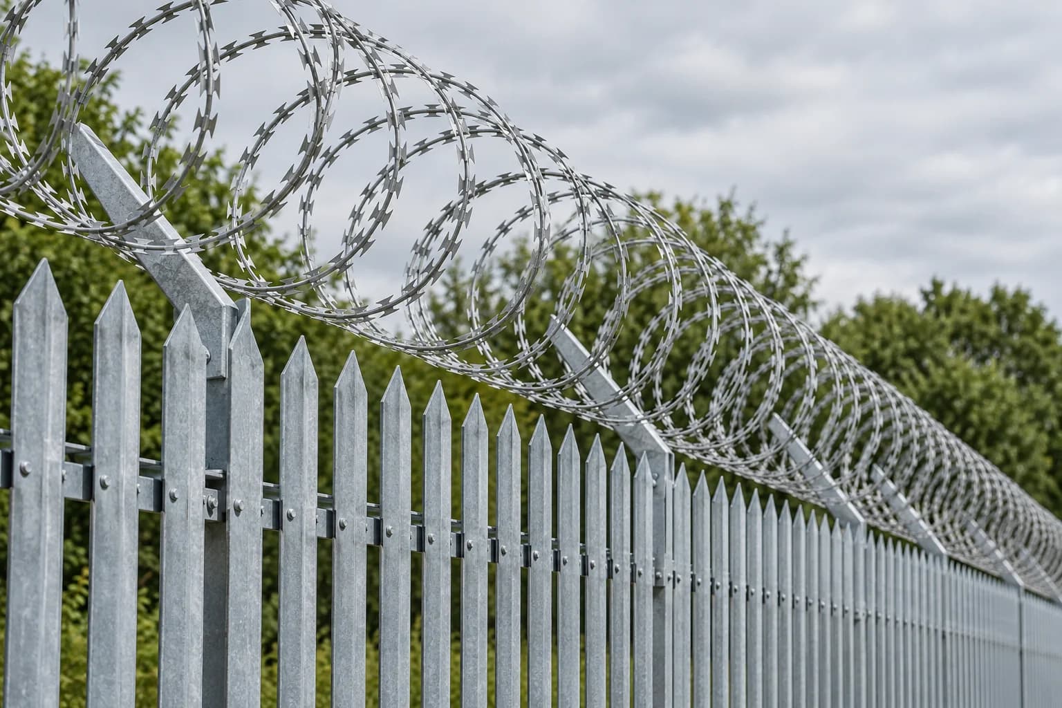 Galvanized concertina razor wire neatly mounted on top of tall steel perimeter fence