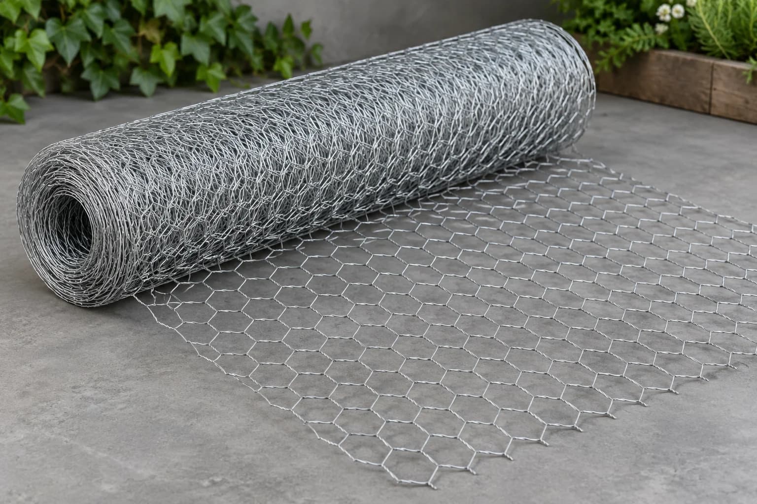 Galvanized hexagonal chicken wire roll partially unrolled on grey studio floor