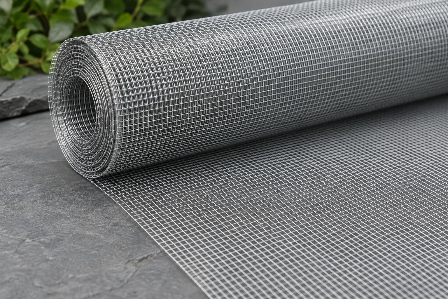Fine galvanized square insect screen mesh roll partially unrolled on grey studio surface